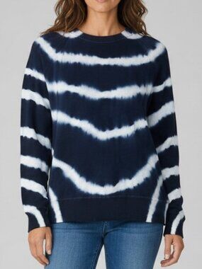 Minnie Rose Cotton Cashmere Tie Dye Navy Blue Striped Crew Sweater Women's M